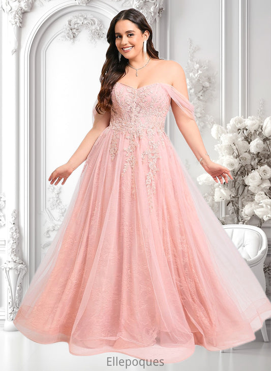 Reese A-line Sweetheart Off the Shoulder Floor-Length Tulle Floral Lace Prom Dresses With Appliques Lace HOP0025870