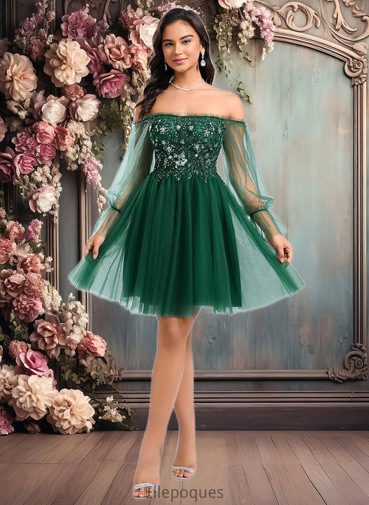 Cassie A-line Off the Shoulder Short Tulle Homecoming Dress With Sequins Appliques Lace HOP0025663