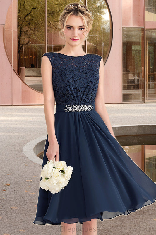 Bailee A-line Scoop Knee-Length Chiffon Lace Homecoming Dress With Beading Bow HOP0020588