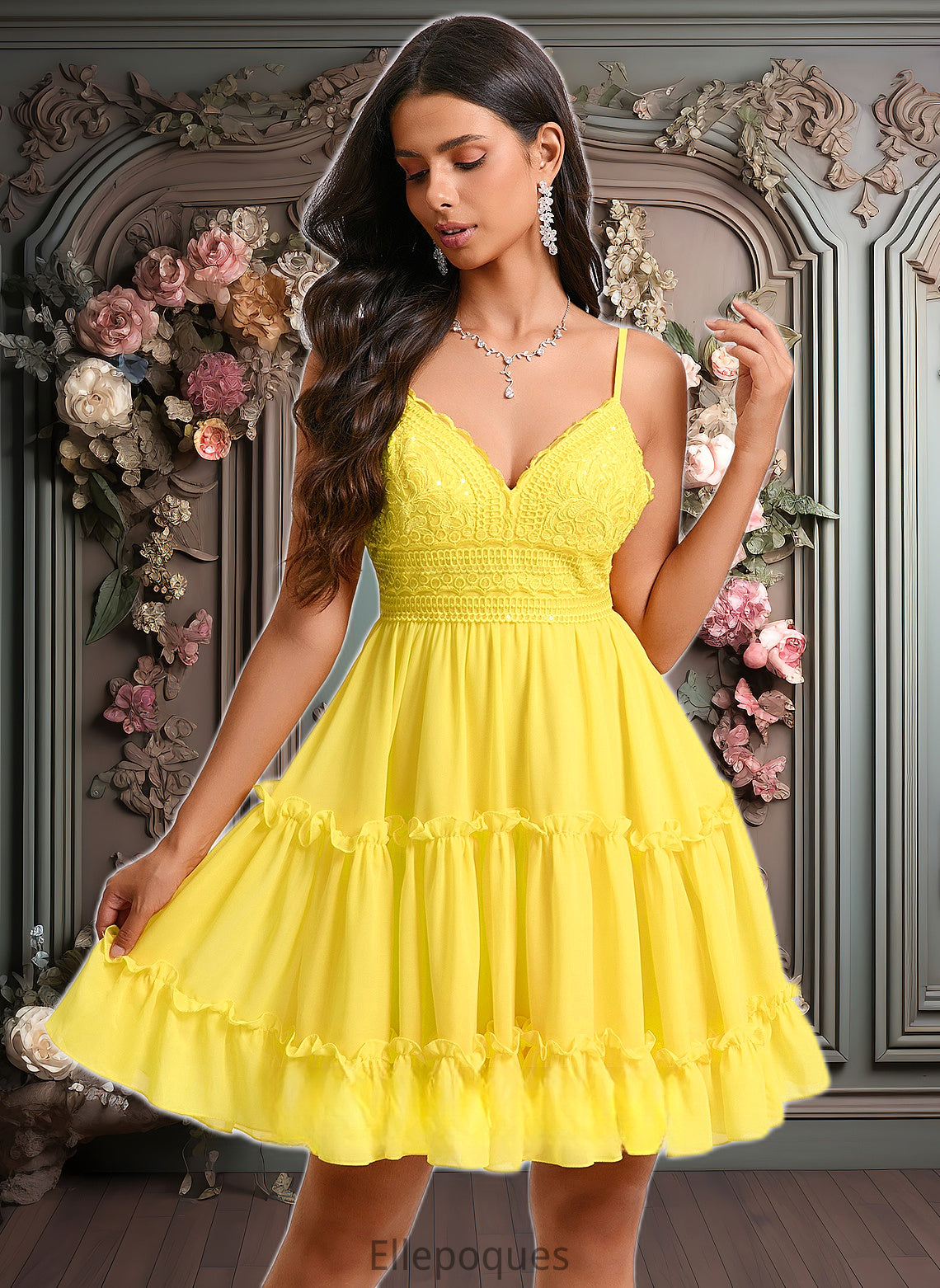 Esther A-line V-Neck Short Chiffon Homecoming Dress With Ruffle Sequins HOP0025700