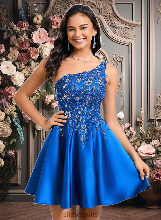 Helena A-line One Shoulder Short Satin Homecoming Dress With Appliques Lace Sequins HOP0025657