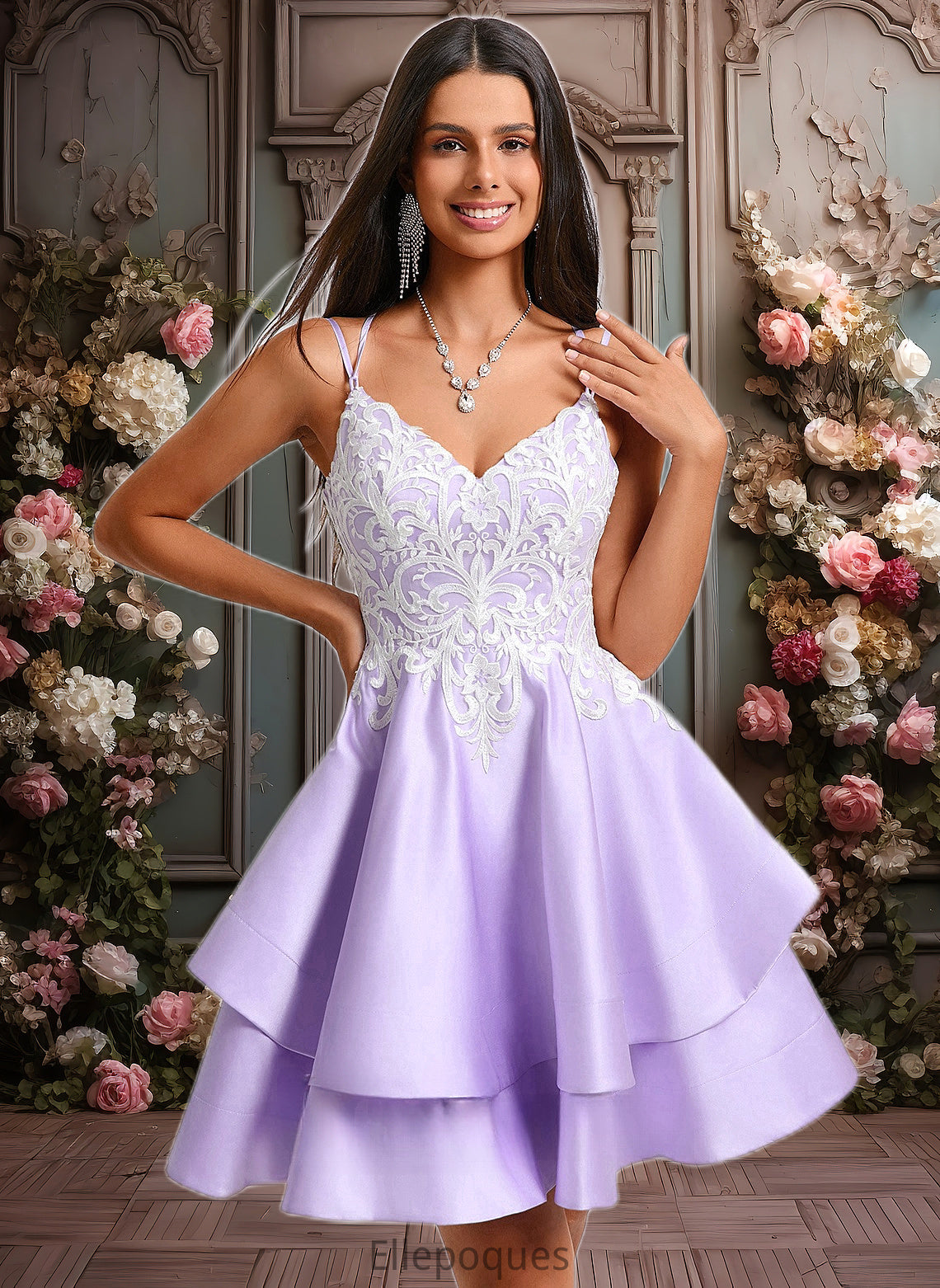 Naomi A-line V-Neck Short Satin Homecoming Dress With Appliques Lace HOP0025696