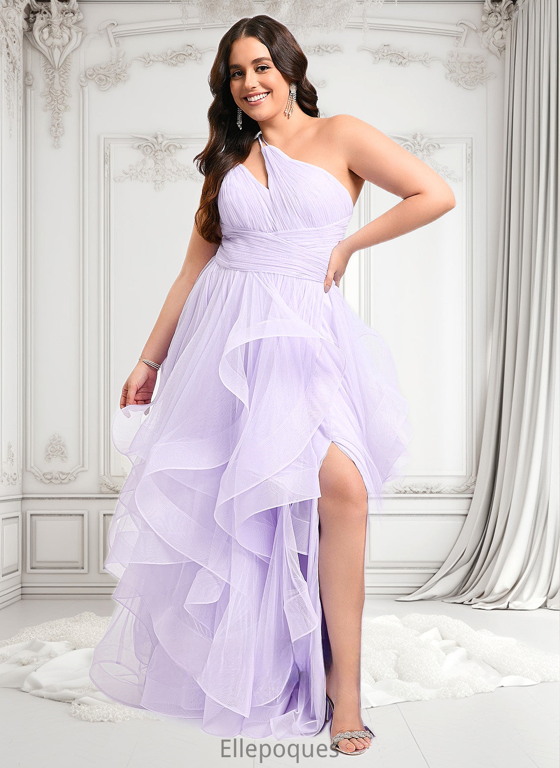 Annie Ball-Gown/Princess Asymmetrical One Shoulder Floor-Length Tulle Prom Dresses HOP0025867