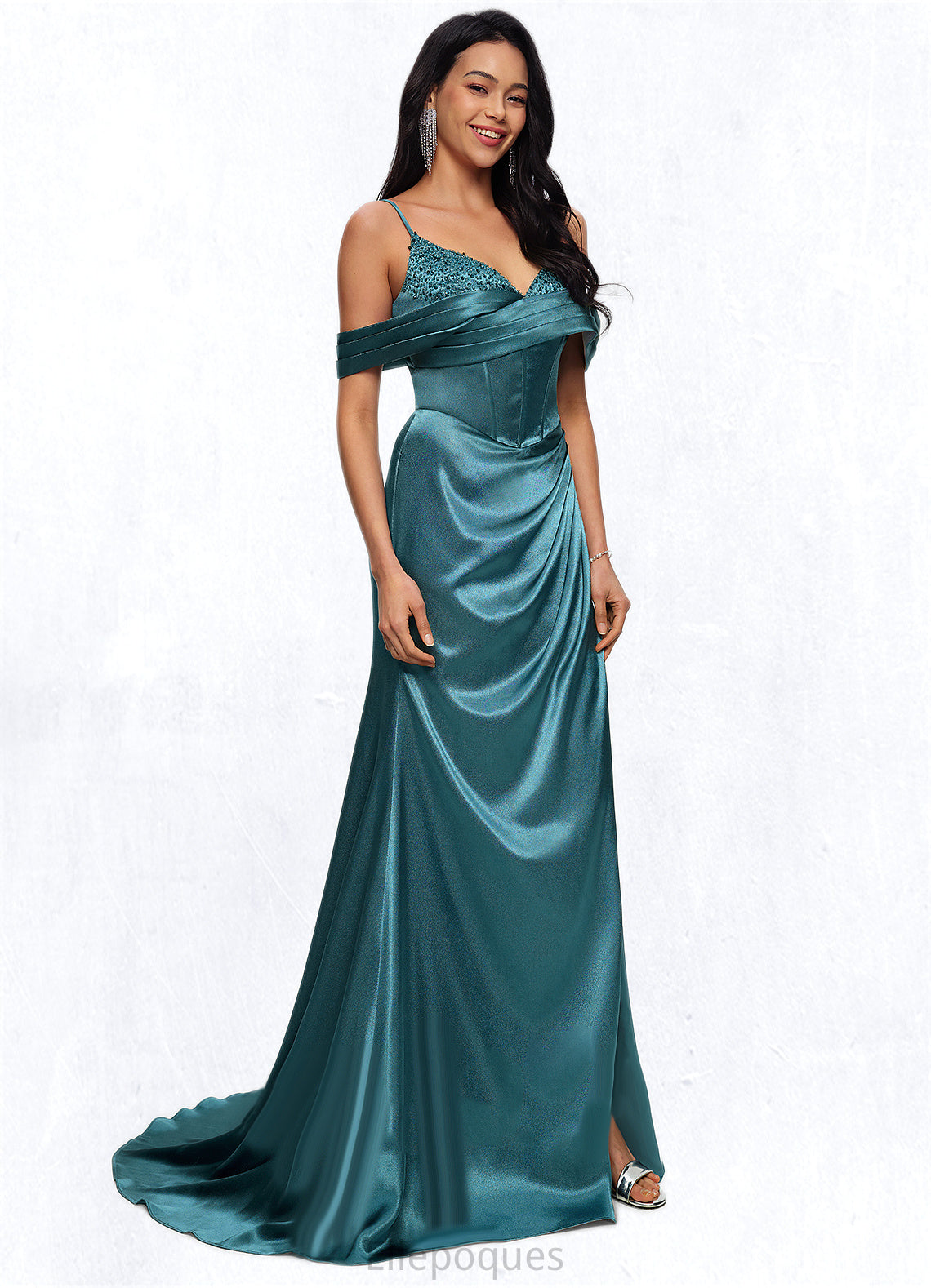 Zariah Trumpet/Mermaid V-Neck Sweep Train Stretch Satin Prom Dresses With Beading Rhinestone Sequins HOP0022213