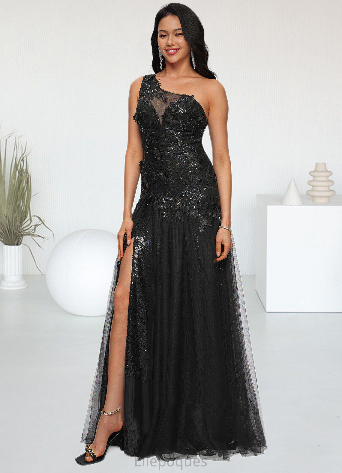 Eve Trumpet/Mermaid One Shoulder Illusion Floor-Length Lace Tulle Prom Dresses With Sequins HOP0022217