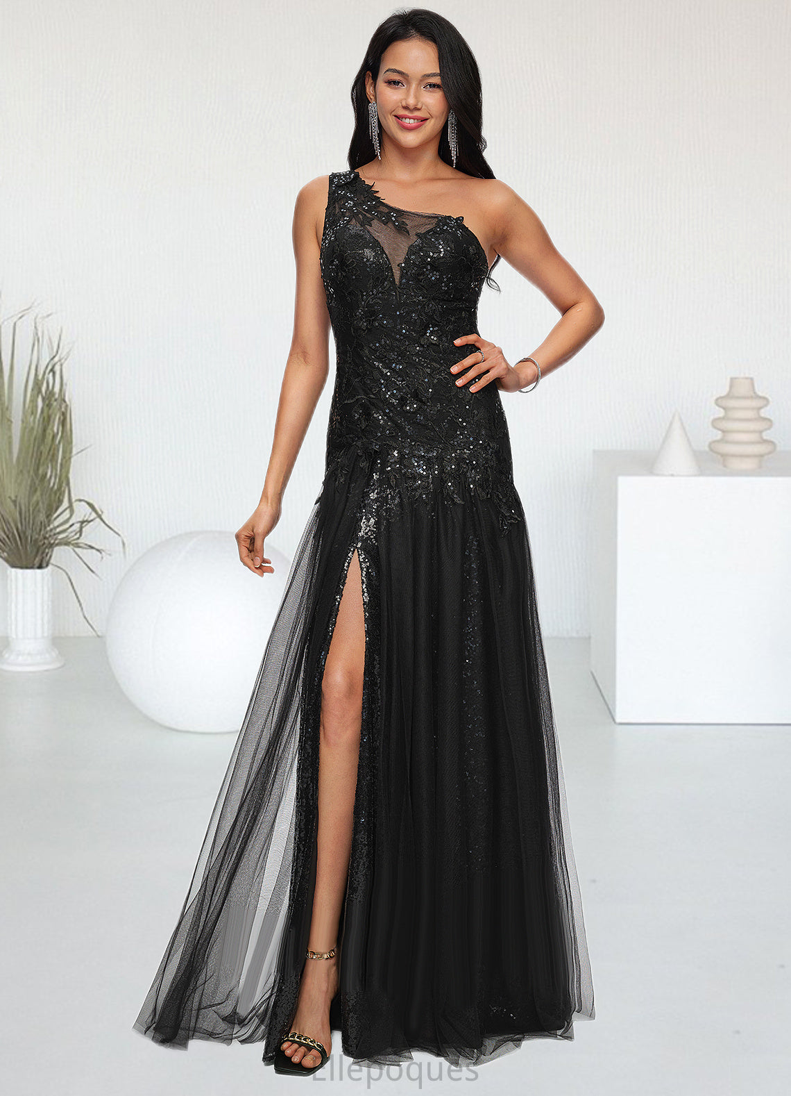 Eve Trumpet/Mermaid One Shoulder Illusion Floor-Length Lace Tulle Prom Dresses With Sequins HOP0022217