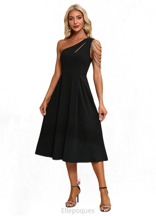 Nina Beading Fringe Trim One Shoulder Elegant A-line Polyester Midi Dresses HOP0022266