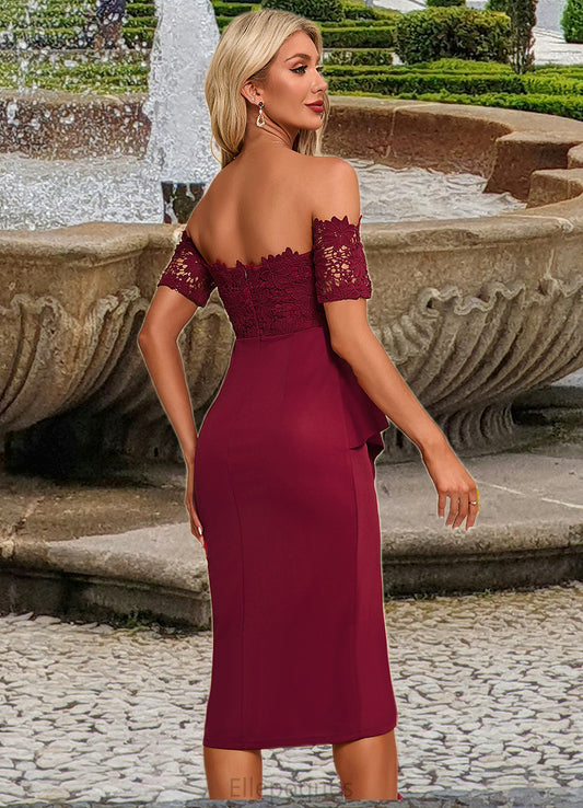 Emilia Flower Ruffle Off the Shoulder Elegant Sheath/Column Lace Polyester Asymmetrical Dresses HOP0022276