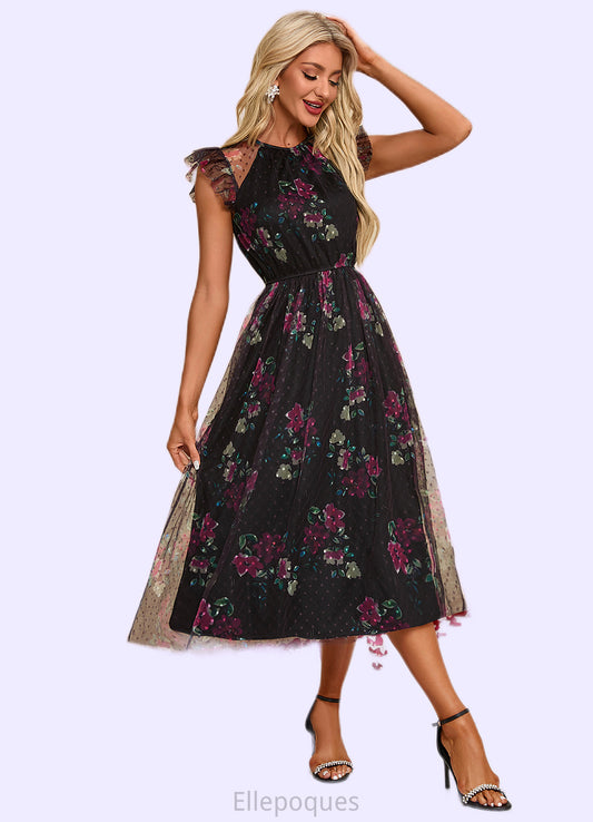 Janessa Floral Print Scoop Elegant A-line Tulle Midi Dresses HOP0022277