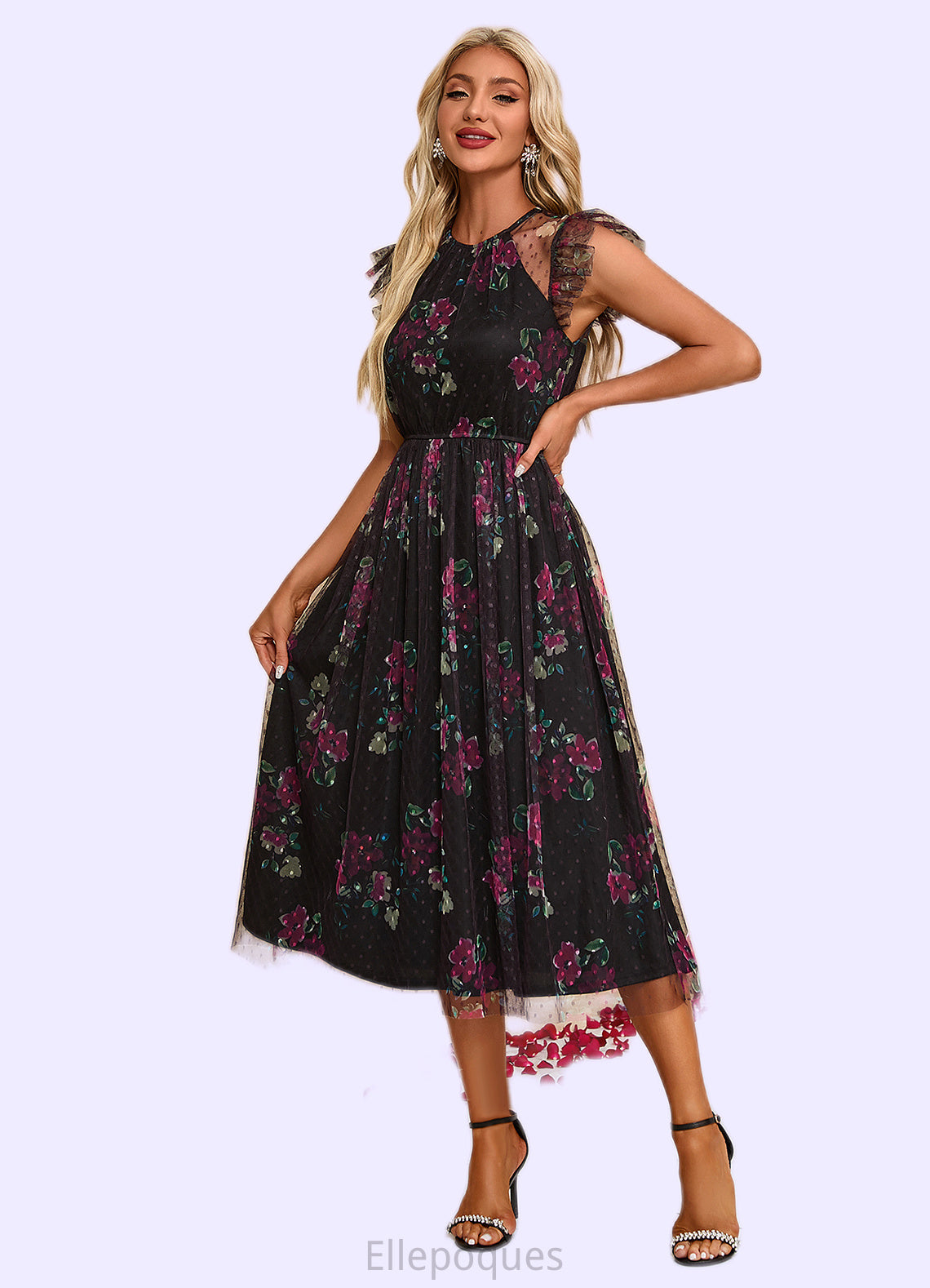 Janessa Floral Print Scoop Elegant A-line Tulle Midi Dresses HOP0022277