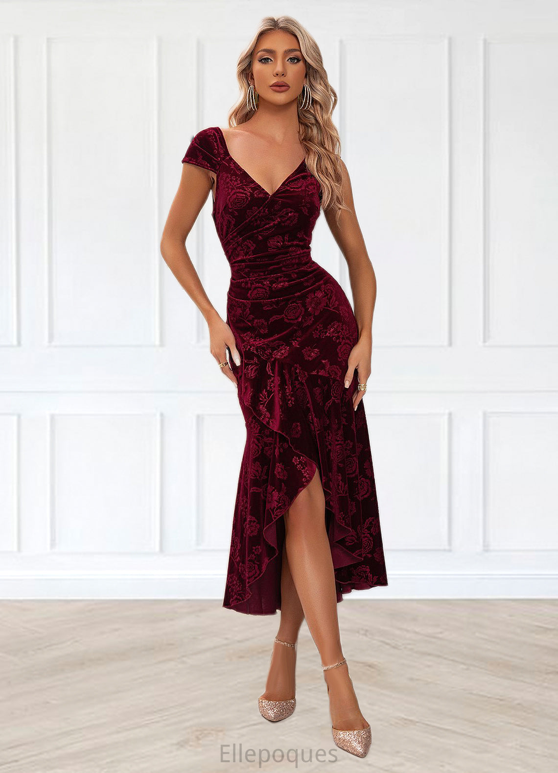 Elsie Flower Sweetheart Elegant Trumpet/Mermaid Velvet Asymmetrical Dresses HOP0022284