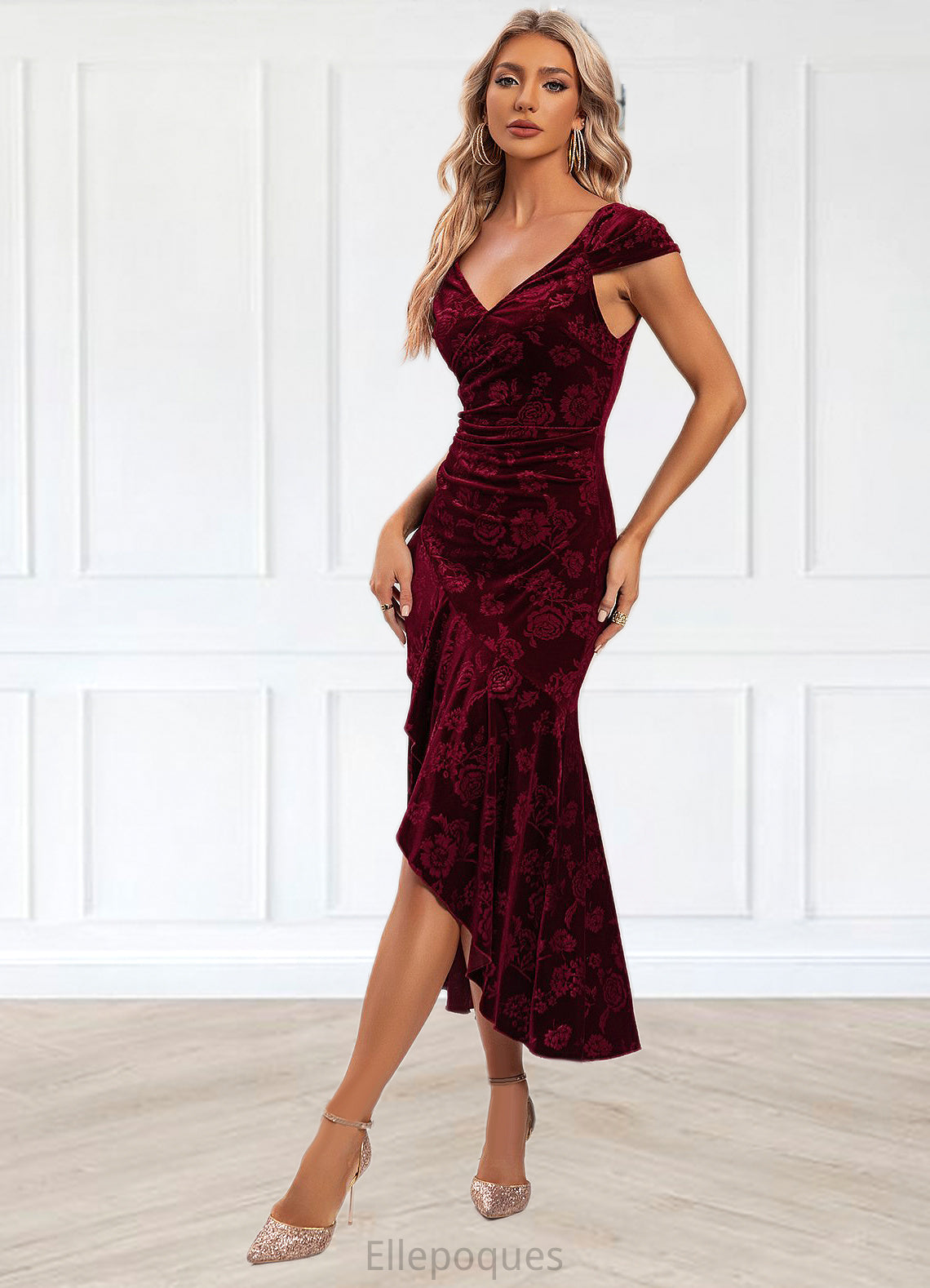 Elsie Flower Sweetheart Elegant Trumpet/Mermaid Velvet Asymmetrical Dresses HOP0022284