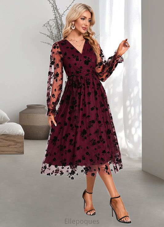 Belinda Jacquard V-Neck Elegant A-line Tulle Midi Dresses HOP0022286