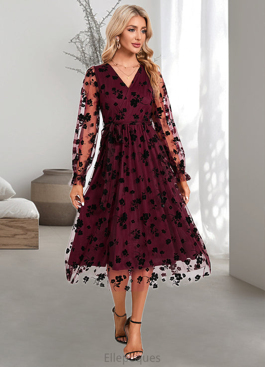 Belinda Jacquard V-Neck Elegant A-line Tulle Midi Dresses HOP0022286