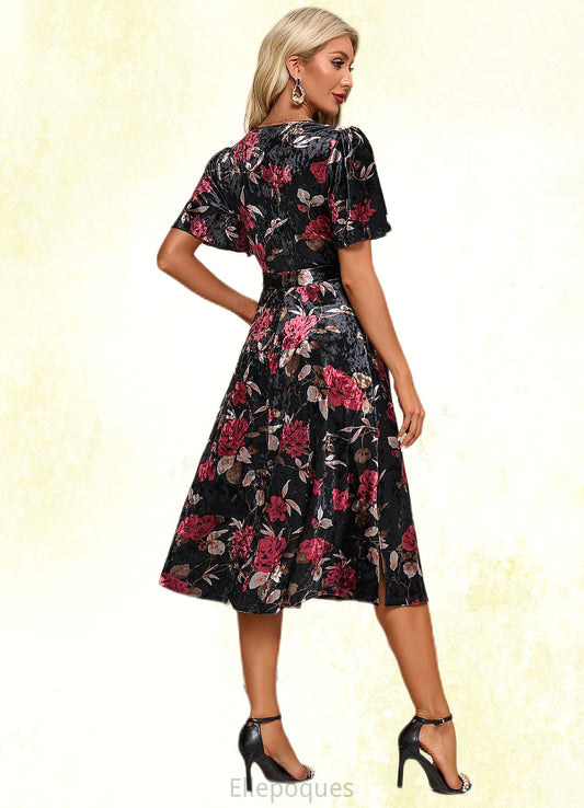 Abbie Jacquard V-Neck Elegant A-line Velvet Midi Dresses HOP0022294