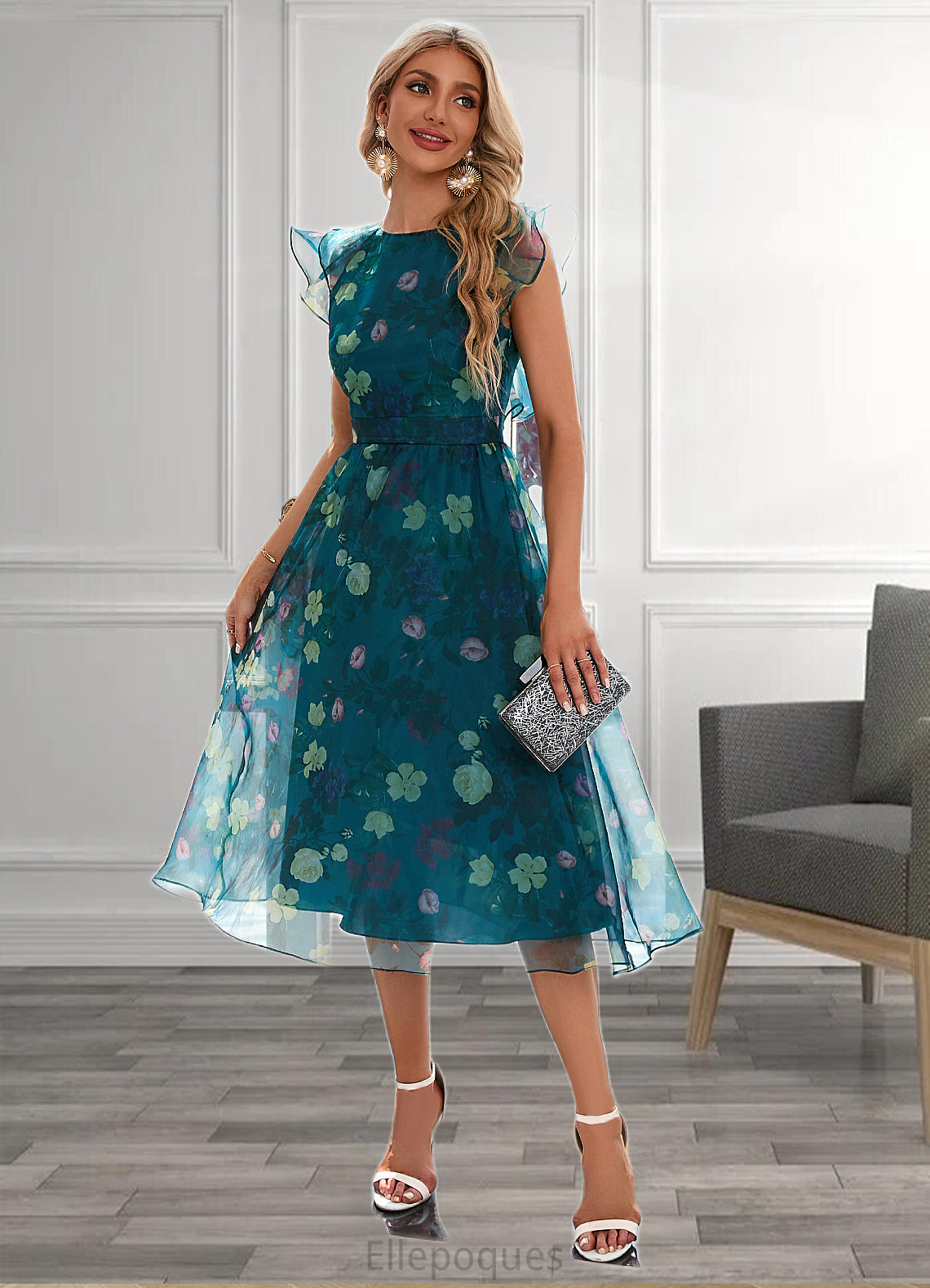 Addisyn Floral Print Scoop Elegant A-line Organza Midi Dresses HOP0022318