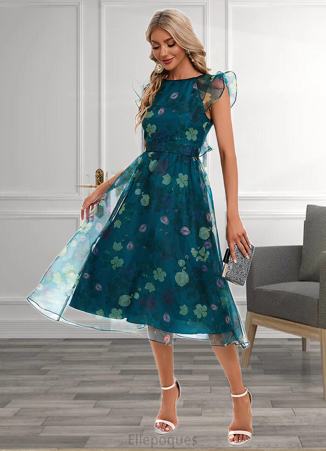 Addisyn Floral Print Scoop Elegant A-line Organza Midi Dresses HOP0022318