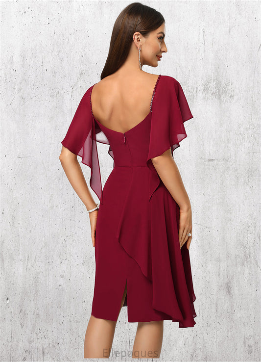 Audrina Sheath/Column V-Neck Knee-Length Chiffon Cocktail Dress With Beading Cascading Ruffles HOP0022350