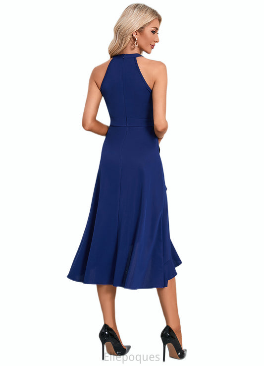 Juliana Cascading Ruffles High Neck Elegant A-line Cotton Blends Asymmetrical Midi Dresses HOP0022353