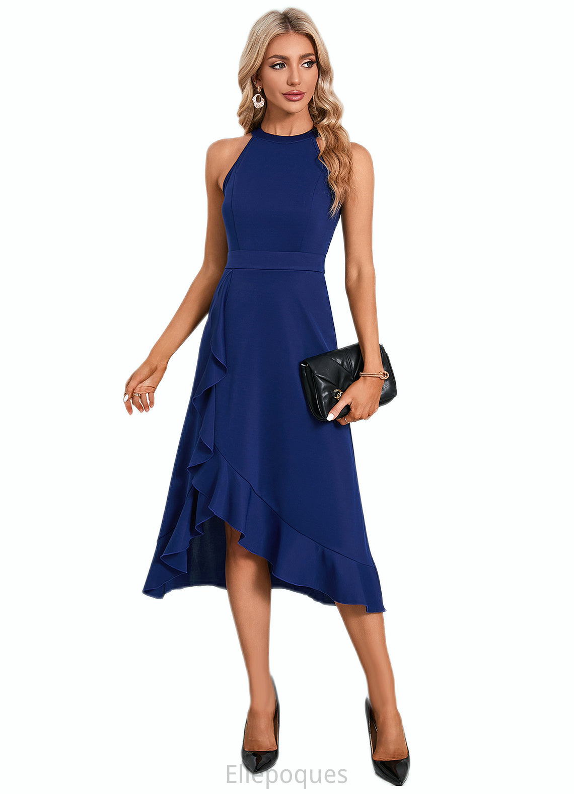 Juliana Cascading Ruffles High Neck Elegant A-line Cotton Blends Asymmetrical Midi Dresses HOP0022353