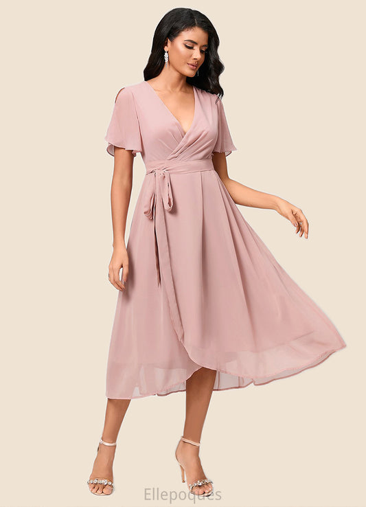 Vivienne A-line V-Neck Asymmetrical Chiffon Cocktail Dress With Bow Pleated HOP0022368