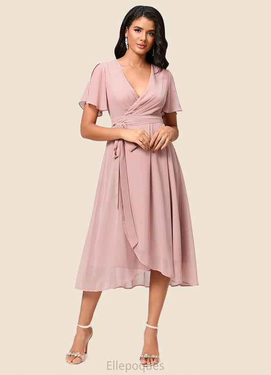 Vivienne A-line V-Neck Asymmetrical Chiffon Cocktail Dress With Bow Pleated HOP0022368