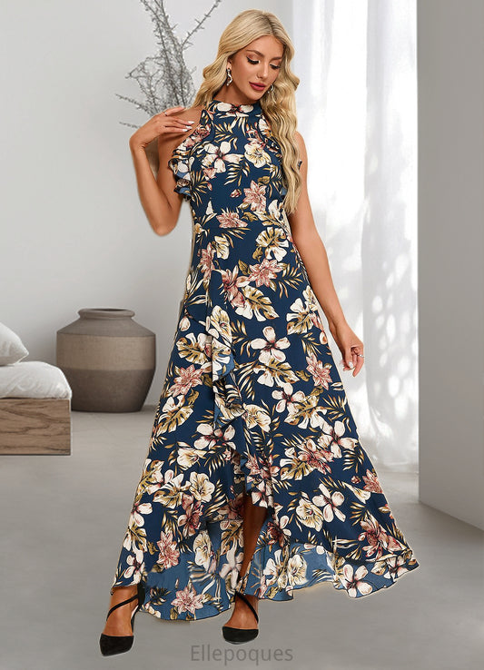 Autumn Ruffle Floral Print High Neck Elegant A-line Polyester Asymmetrical Dresses HOP0022373