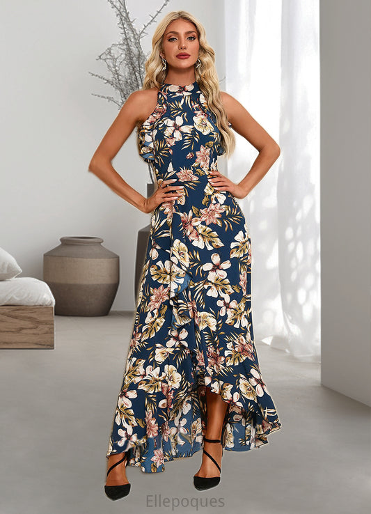 Autumn Ruffle Floral Print High Neck Elegant A-line Polyester Asymmetrical Dresses HOP0022373