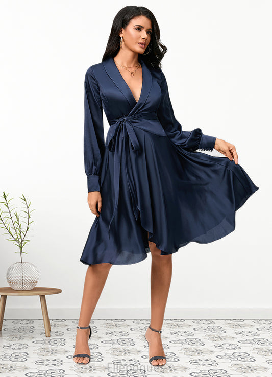 Dana A-line V-Neck Asymmetrical Silky Satin Cocktail Dress With Bow HOP0022385