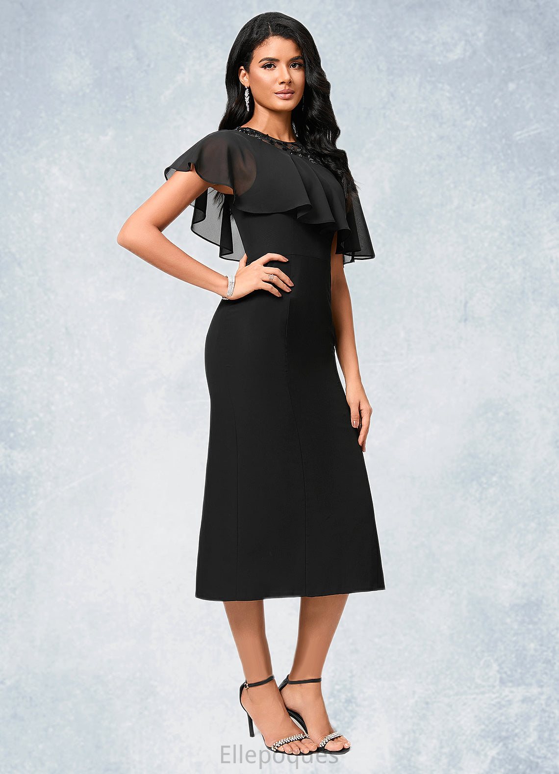 Sydnee Sheath/Column Scoop Tea-Length Chiffon Cocktail Dress With Appliques Lace HOP0022388