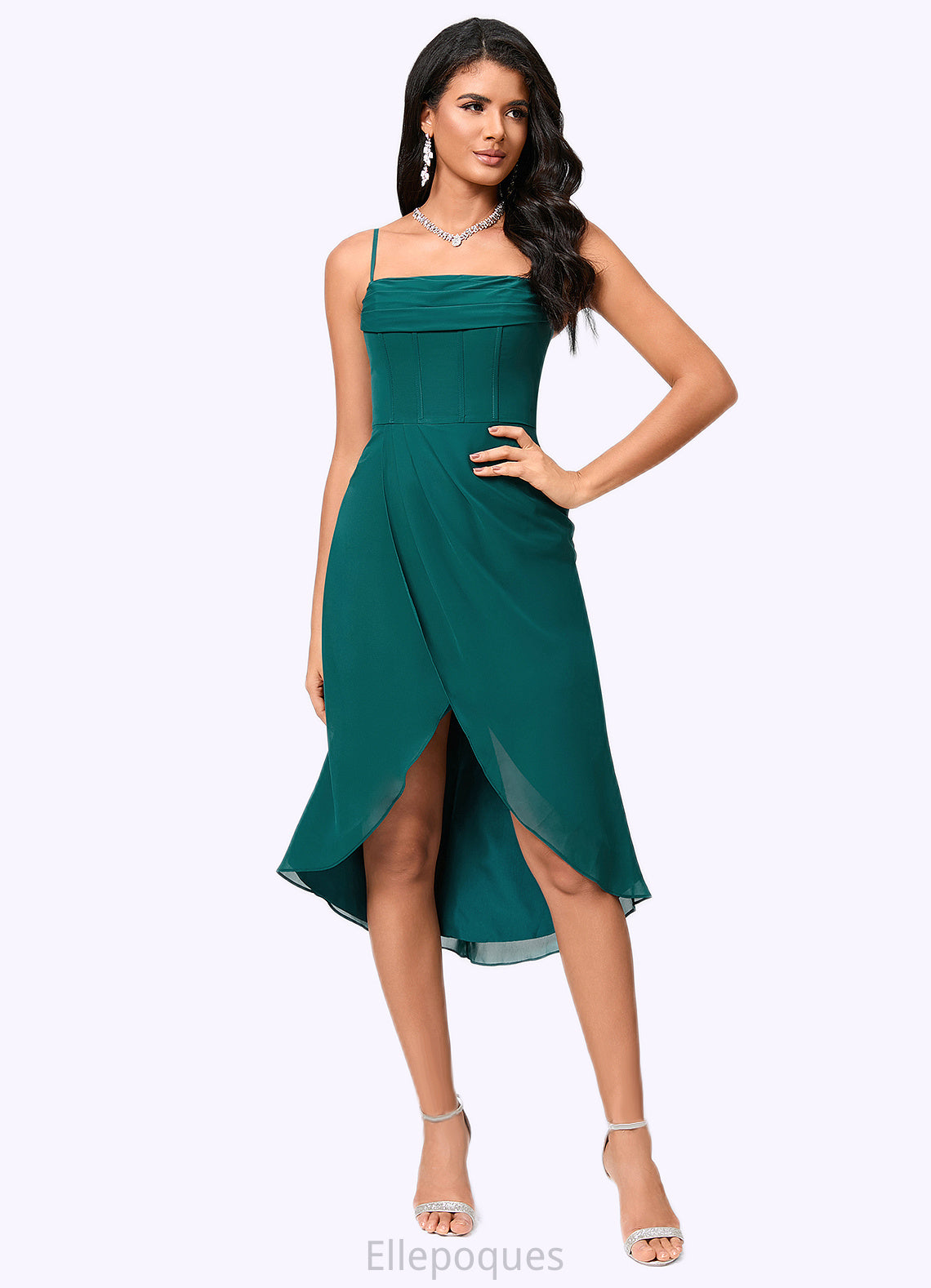 Kiersten Sheath/Column Square Asymmetrical Chiffon Cocktail Dress With Pleated HOP0022389