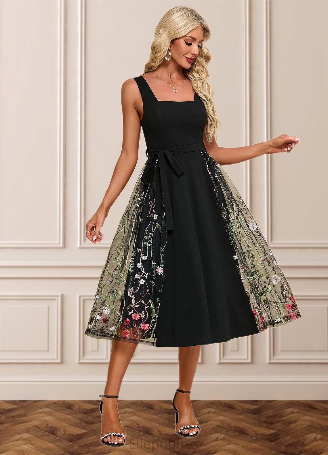 Sibyl Flower Jacquard Square Elegant A-line Polyester Tulle Midi Dresses HOP0022392
