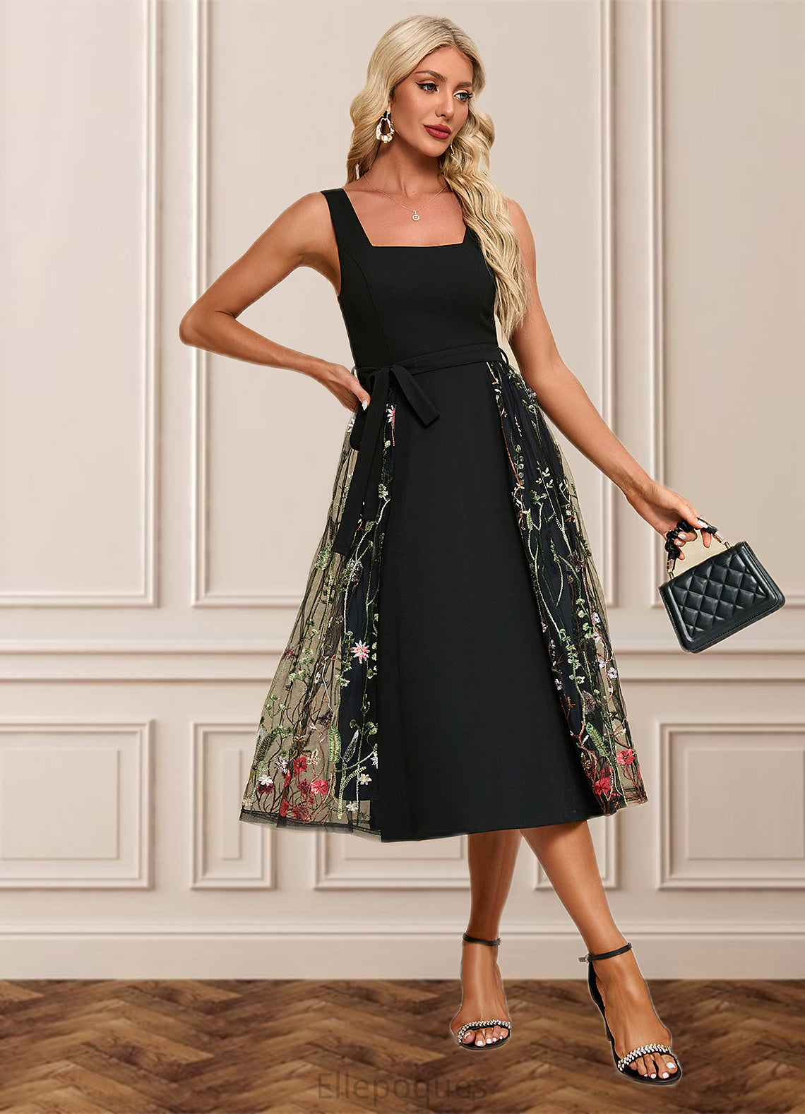 Sibyl Flower Jacquard Square Elegant A-line Polyester Tulle Midi Dresses HOP0022392
