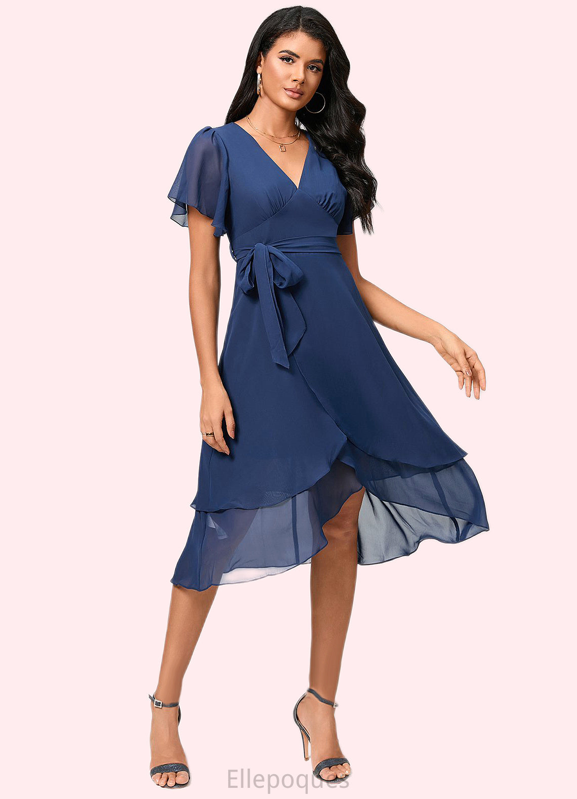 Briana A-line V-Neck Asymmetrical Chiffon Cocktail Dress With Ruffle HOP0022398