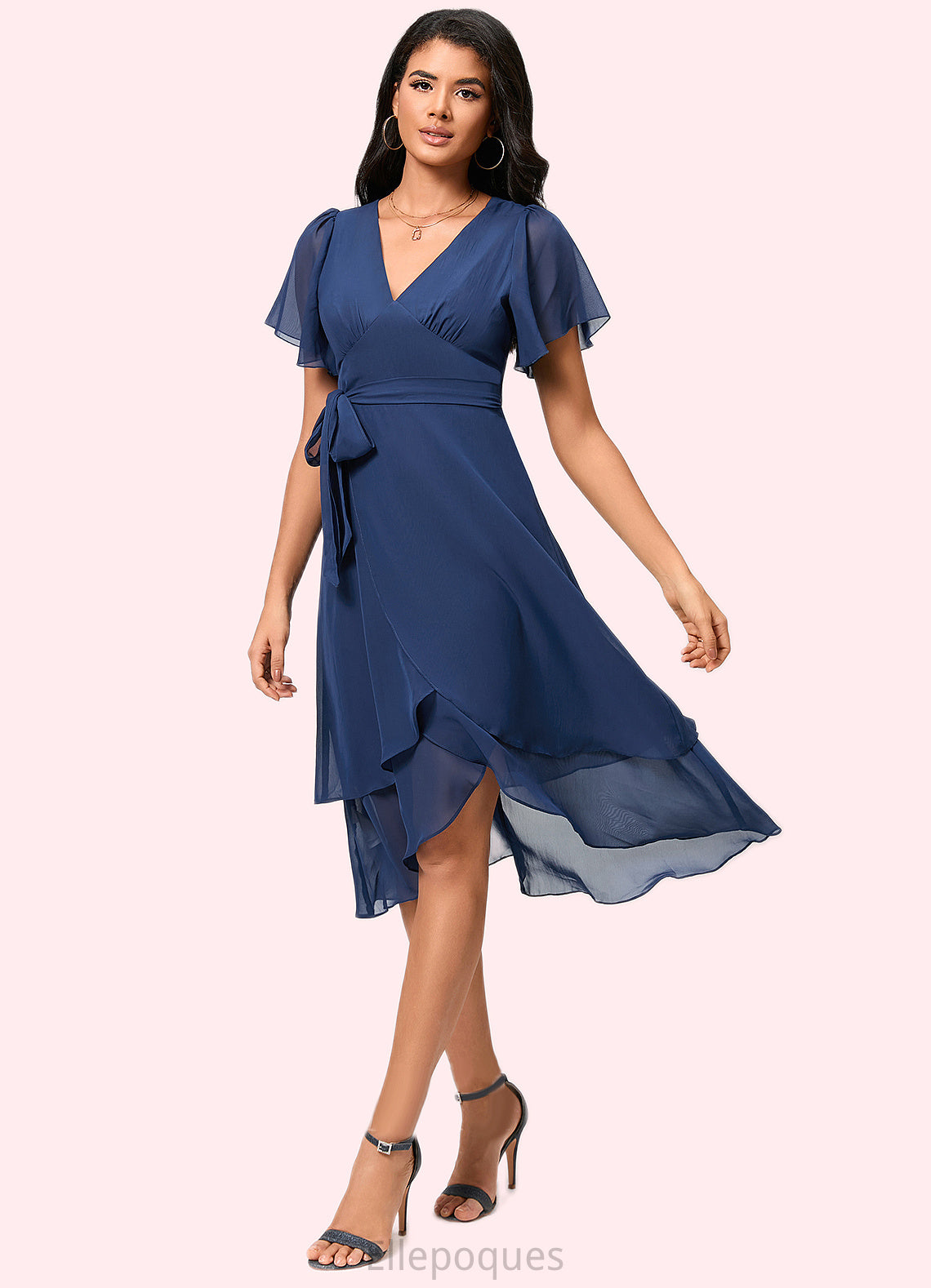 Briana A-line V-Neck Asymmetrical Chiffon Cocktail Dress With Ruffle HOP0022398