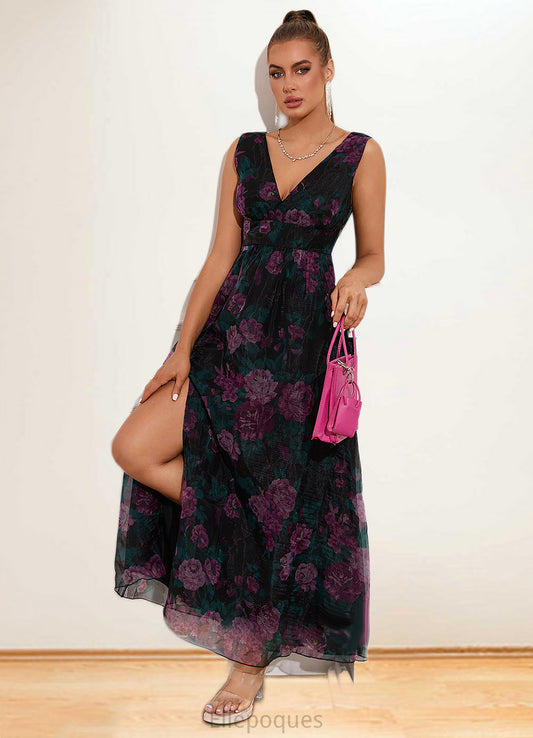Deja Floral Print V-Neck Elegant A-line Organza Maxi Dresses HOP0022406