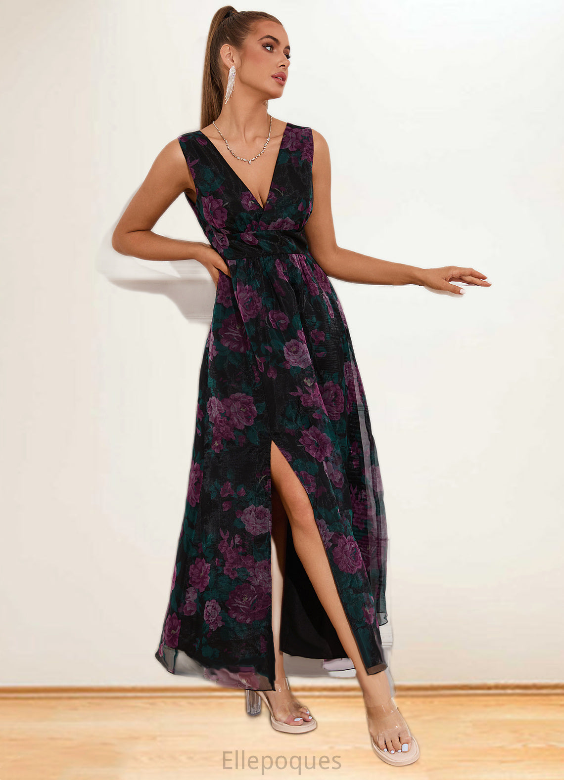 Deja Floral Print V-Neck Elegant A-line Organza Maxi Dresses HOP0022406