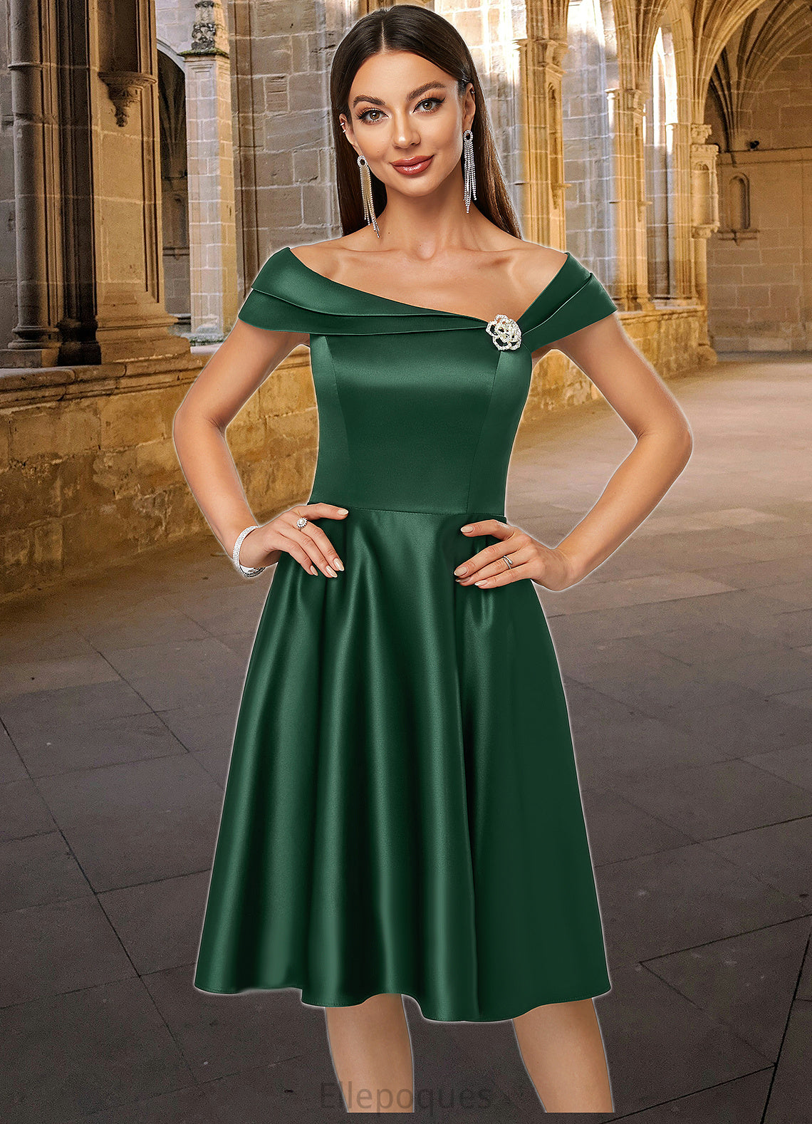 Adison A-line Asymmetrical Knee-Length Satin Cocktail Dress With Rhinestone Crystal Brooch HOP0022407