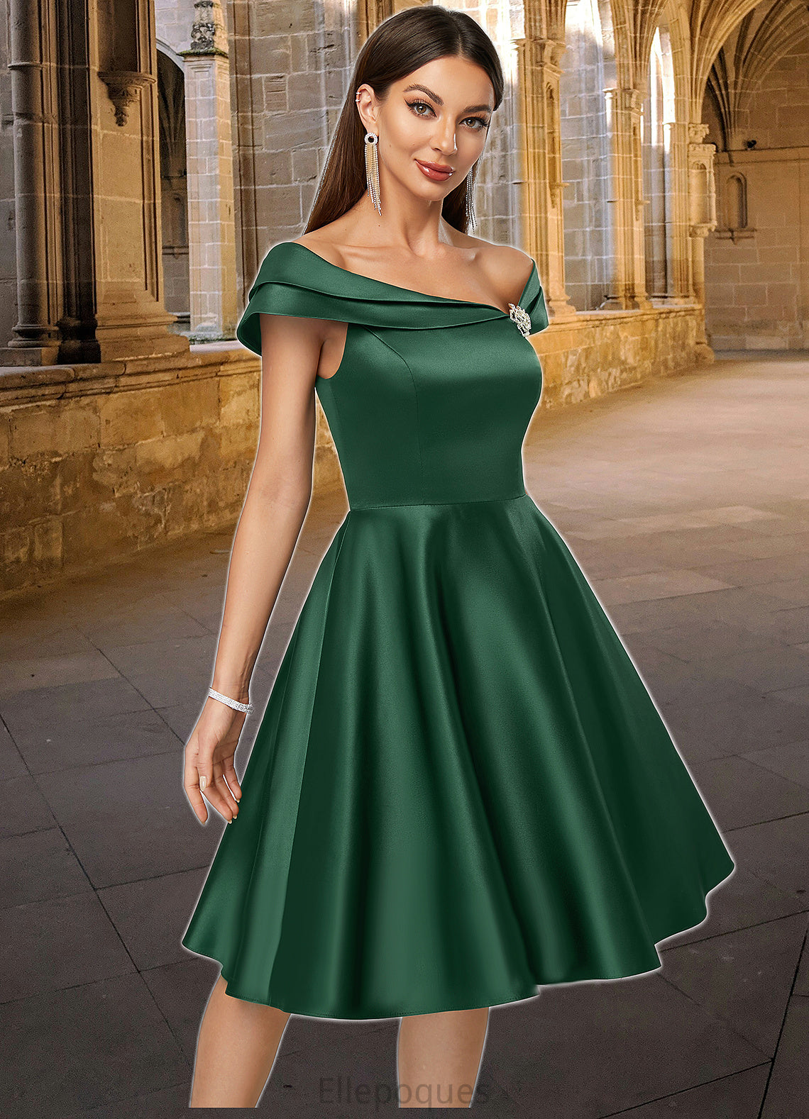 Adison A-line Asymmetrical Knee-Length Satin Cocktail Dress With Rhinestone Crystal Brooch HOP0022407