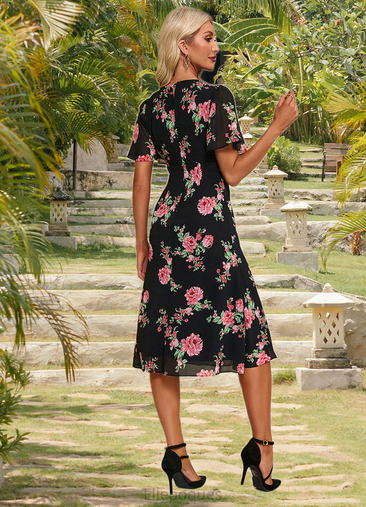 Yazmin Floral Print V-Neck Elegant A-line Chiffon Midi Dresses HOP0022424