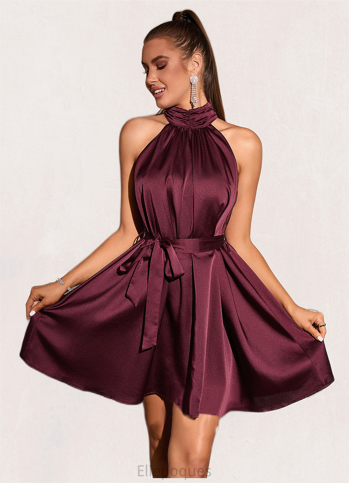 Jenna Ruffle High Neck Elegant A-line Satin Mini Dresses HOP0022436