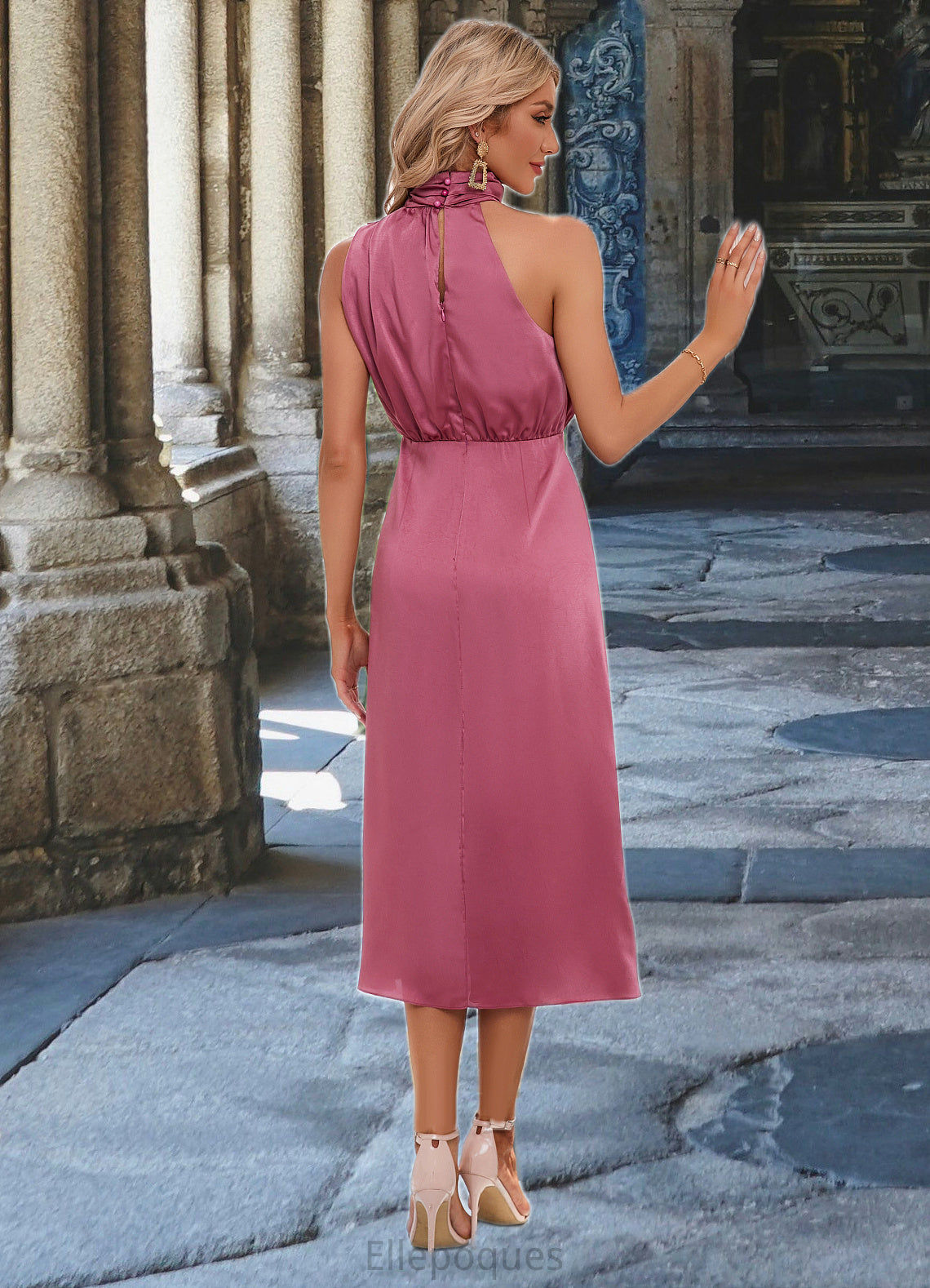 Lilly High Neck Elegant A-line Satin Midi Dresses HOP0022442