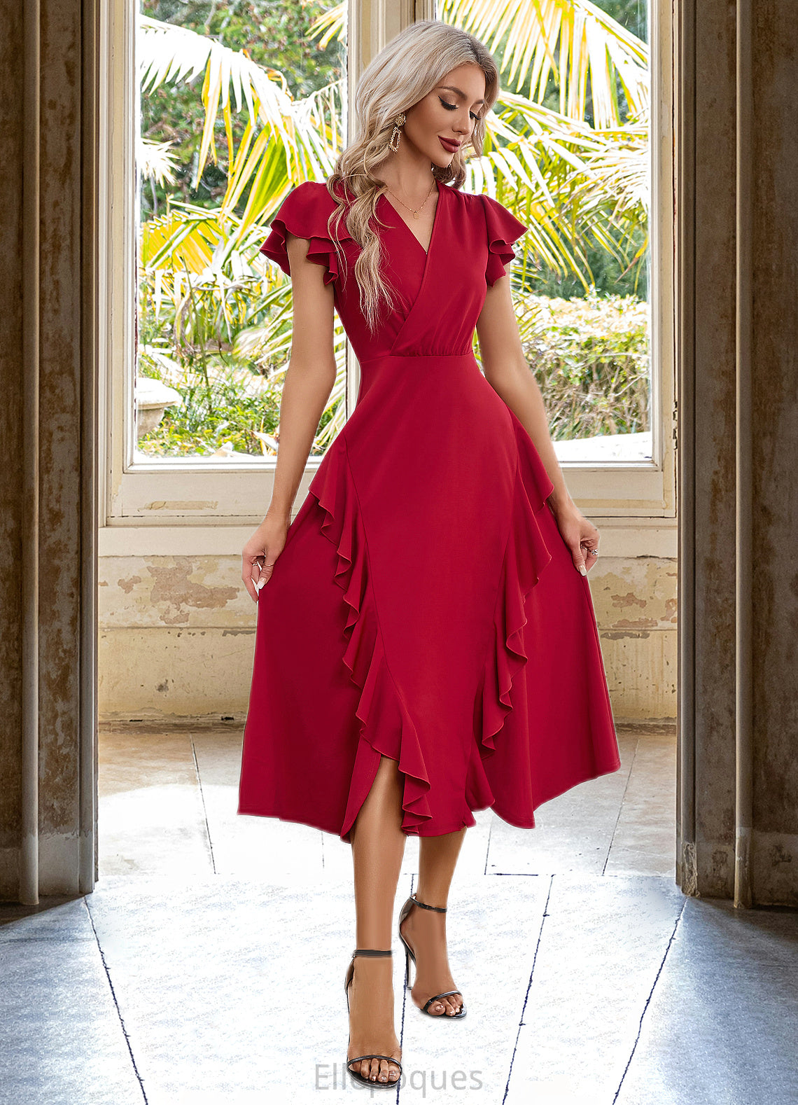 Millicent Cascading Ruffles V-Neck Elegant A-line Cotton Blends Midi Dresses HOP0022444