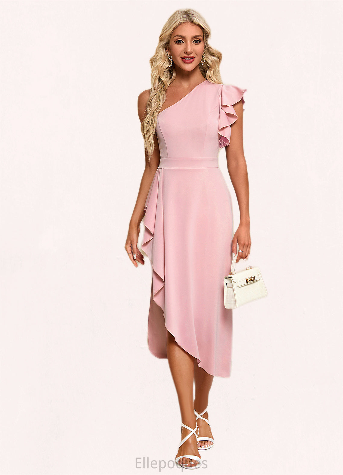Aimee Ruffle One Shoulder Elegant Sheath/Column Polyester Asymmetrical Dresses HOP0022450
