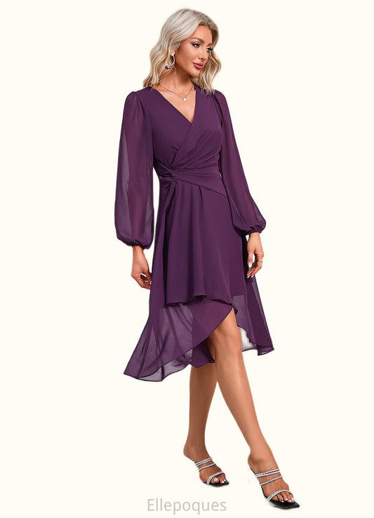 Elise Bow Ruffle V-Neck Elegant A-line Chiffon Asymmetrical Dresses HOP0022457