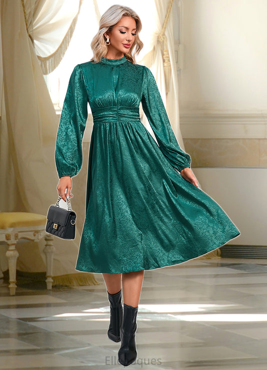 Kayleigh Ruffle Jacquard High Neck Elegant A-line Satin Midi Dresses HOP0022466