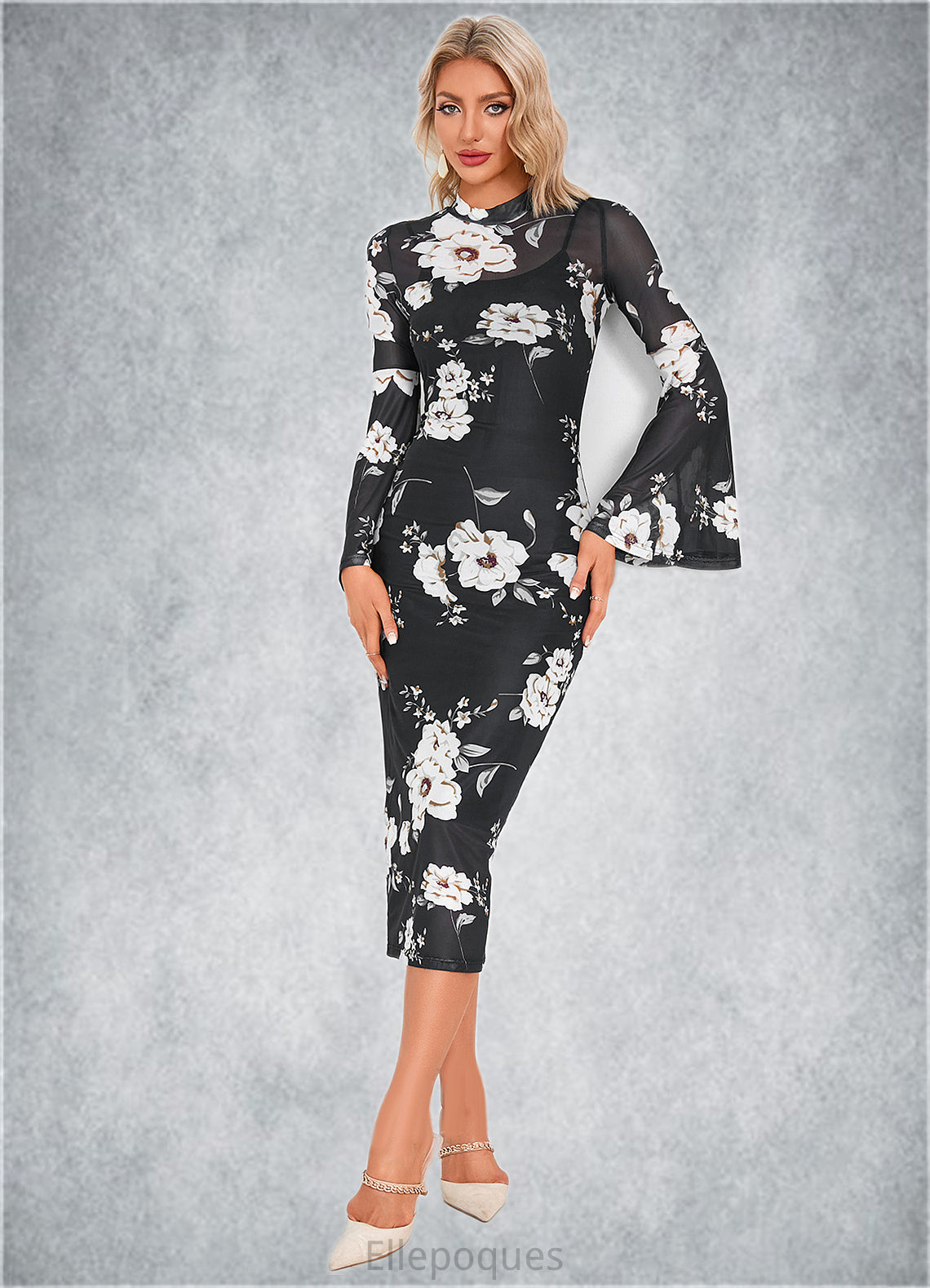 Daisy Floral Print High Neck Elegant Bodycon Spandex Midi Dresses HOP0022470