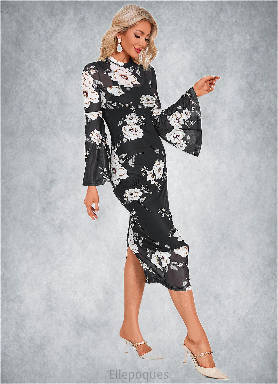 Daisy Floral Print High Neck Elegant Bodycon Spandex Midi Dresses HOP0022470