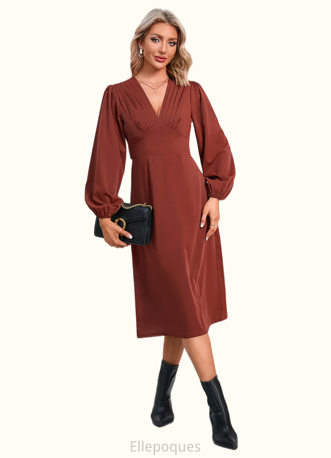 Juliana Bow Ruffle V-Neck Elegant A-line Satin Midi Dresses HOP0022518