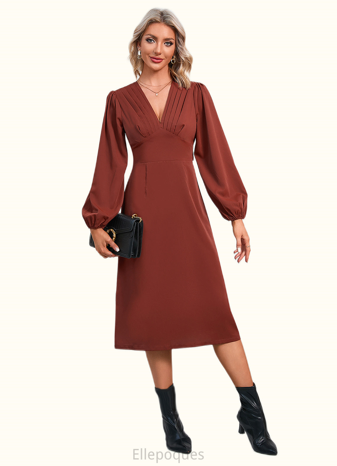 Juliana Bow Ruffle V-Neck Elegant A-line Satin Midi Dresses HOP0022518